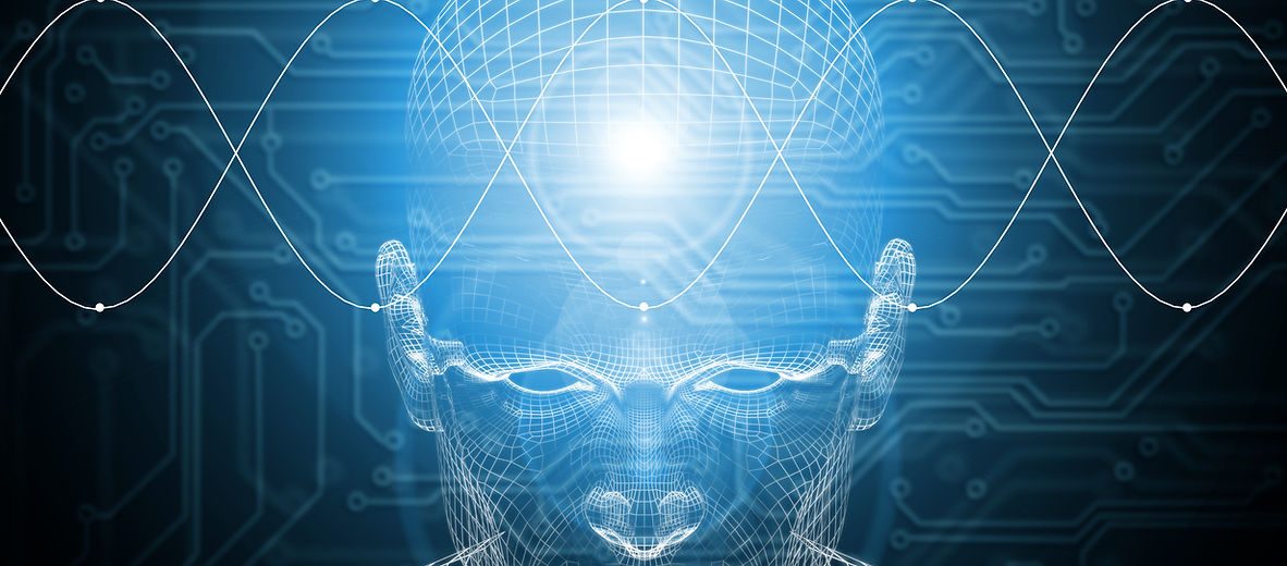 Wireframe human face over a circuit board pattern